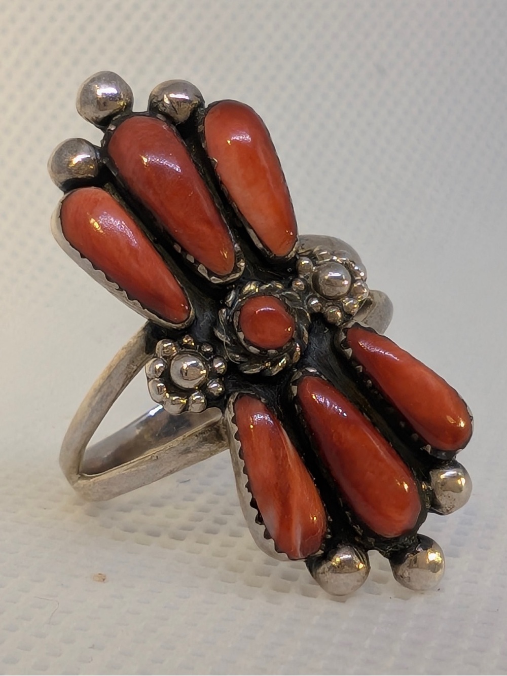 Navaho style Sterling Silver Red Coral Cluster Statement Ring size 8 3/4
